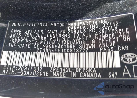 2012 Toyota Corolla S из США, поврежденный, VIN 2T1BU4EE1CC818727